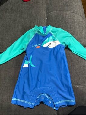 Little Me Blue and Teal Shark Long-Sleeve Rashguard One-Piece